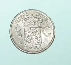 NETHERLANDS EAST INDIES SILVER COIN, 1941, 1/4 GIL,  DENVER MINT, NICE WW2 COIN