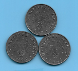 GERMANY THIRD REICH 1940 1941 1942 10 RPF SWASTIKA EAGLE COIN LOT WW2 ERA #10