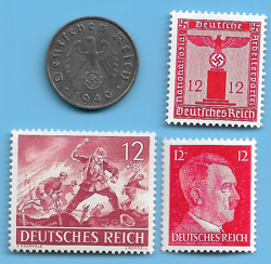 GERMANY WW2 1940 A 10 RPF SWASTIKA COIN & HITLER SWASTIKA STAMP LOT WW2 ERA #10