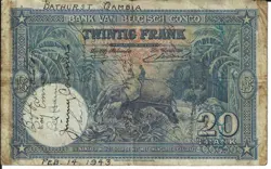 SHORT SNORTER WW2 BELGIAN CONGO 20 FRANCS PICK 15 1940