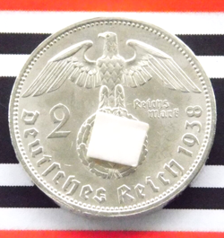 GERMAN 2 REICHSMARK 1938 A HINDENBURG THIRD REICH SILVER COIN 3RD WW2 MARK + UNC