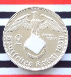 GERMAN 2 REICHSMARK 1938 E SWASTIKA HINDENBURG SILVER COIN 3RD REICH WW2 MARK BU
