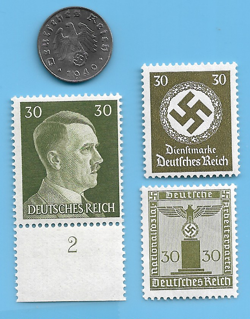GERMANY WW2 1940 B 1 RPF SWASTIKA COIN & HITLER SWASTIKA STAMP LOT WW2 ERA #12