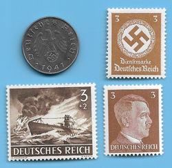 GERMANY WW2 1941 E 10 RPF SWASTIKA COIN & HITLER SWASTIKA STAMP LOT WW2 ERA #12