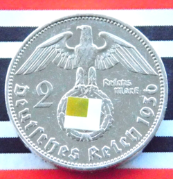 GERMAN 2 REICHSMARK 1936 E SWASTIKA HINDENBURG SILVER COIN 3RD WW2 + RARE + MARK