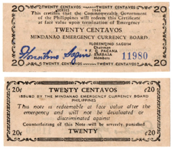 1944 PHILIPPINES PROVINCE OF MINDANAO 20 CENTAVOS S521 ONLY 15K PRINTED IN WW2