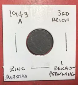 1943A GERMANY THIRD REICH SWASTIKA WORLD WAR 2! SWASTIKA! 1 PFENNIG!