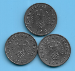 GERMANY THIRD REICH 1940 1941 1942 1 RPF SWASTIKA EAGLE COIN LOT WW2 ERA #18