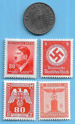 GERMANY WW2 1941 B 10 RPF SWASTIKA COIN & HITLER SWASTIKA STAMP LOT WW2 ERA #18