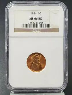 1944 P LINCOLN WHEAT WW2 BRONZE SHELL CASING CENT PENNY COIN NGC MS66 RED #