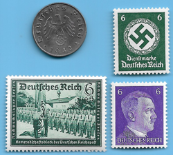 GERMANY WW2 1942 A 10 RPF SWASTIKA COIN & HITLER SWASTIKA STAMP LOT WW2 ERA #18