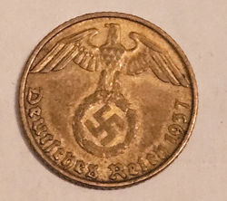 1937 E NAZI GERMANY 5 PFENNIG GERMAN 1/20 MARK COIN WORLD WAR 2 RELIC WWII WW2