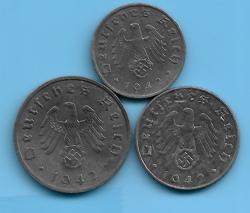 GERMANY THIRD REICH 1942 10, 5, 1 RPF SWASTIKA EAGLE COIN SET LOT WW2 ERA #20