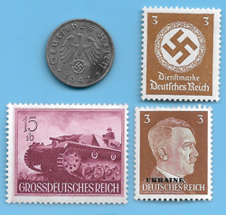 GERMANY WW2 1941 F 5 RPF SWASTIKA COIN & HITLER SWASTIKA STAMP LOT WW2 ERA #20