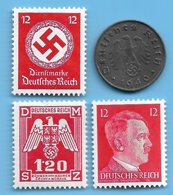 GERMANY WW2 1940 E 10 RPF SWASTIKA COIN & HITLER SWASTIKA STAMP LOT WW2 ERA #20