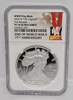 2020-W PROOF AMERICAN SILVER EAGLE WW2 V75 PRIVY NGC GRADED PF70 ULTRA CAMEO