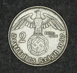 1937 NAZI GERMANY SWASTIKA SILVER 2 REICHS MARKS 3RD-REICH WW2 ... XF