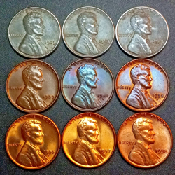 9 LINCOLN WHEAT CENTS 1943 P,D,S WW2 STEEL CENT SET TONED/UNCIRCULATED (LOT#5)