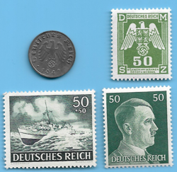 GERMANY WW2 1942 D 1 RPF SWASTIKA COIN & HITLER SWASTIKA STAMP LOT WW2 ERA #14