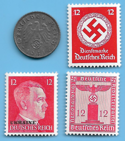 GERMANY WW2 1941 A 5 RPF SWASTIKA COIN & HITLER SWASTIKA STAMP LOT WW2 ERA #22