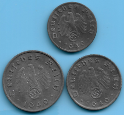 GERMANY THIRD REICH 1940 10, 5, 1 RPF SWASTIKA EAGLE COIN SET LOT WW2 ERA #22