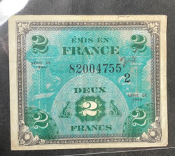 1944 FRANCE 2 FRANCS - WW2 ERA - HIGH QUALITY - RARE NOTE - LOT #A1