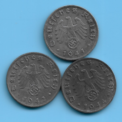 GERMANY THIRD REICH 1941 1942 1944 1 RPF SWASTIKA EAGLE COIN SET LOT WW2 ERA #28