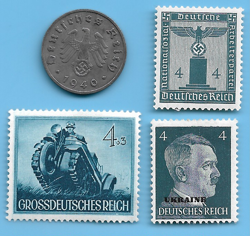 GERMANY WW2 1940 F 10 RPF SWASTIKA COIN & HITLER SWASTIKA STAMP LOT WW2 ERA #28