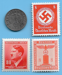 GERMANY WW2 1942 A 1 RPF SWASTIKA COIN & HITLER SWASTIKA STAMP LOT WW2 ERA #28