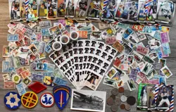 HUGE ESTATE LOT-WW2 ARMY US MILITARY PATCHES, STAMPS,  FOOTBALL CARDS, COINS