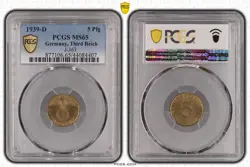 NAZI COIN - PCGS MS65 1939-D 5 PFENNIG PFG GERMANY, THIRD REICH J.363 WW2