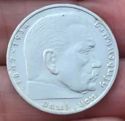 1938 E GERMAN 2 REICHSMARK SILVER COIN, WW2, VON HINDENBURG ?SWASTIKA? RARE 