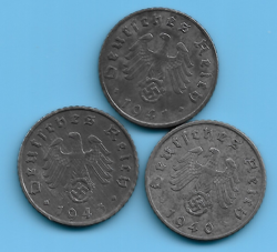 GERMANY THIRD REICH 1940 1941 1943 5 RPF SWASTIKA EAGLE COIN LOT WW2 ERA #30