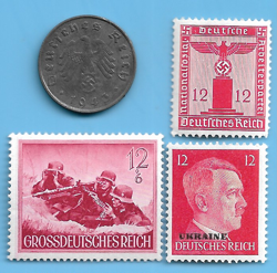GERMANY WW2 1943 10 A RPF SWASTIKA COIN & HITLER SWASTIKA STAMP LOT WW2 ERA #30