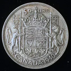 1940 CANADA SILVER HALF DOLLAR, KING GEORGE VI, WW2