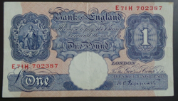 GB, A/UNC, WW2, PEPPIATT, 1 BANKNOTE, 1940-48. SERIAL # E71H 702387. PICK# 367A