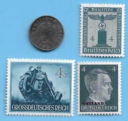 GERMANY WW2 1944 B 1 RPF SWASTIKA COIN & HITLER SWASTIKA STAMP LOT WW2 ERA #32