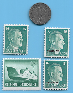 GERMANY WW2 1941 5 J RPF SWASTIKA COIN & HITLER SWASTIKA STAMP LOT WW2 ERA #32