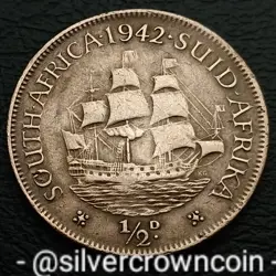SOUTH AFRICA 1/2 PENNY 1942. KM#24. HALF CENT COIN. SAILING SHIP. DROMEDARIS WW2