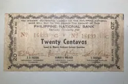 1942 PHILIPPINES MISAMIS OCCIDENTAL 20 CENTAVOS WW2 EMERGENCY CIRCULATING NOTE