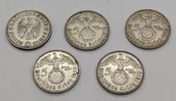 WW2 ERA GERMANY GERMAN THIRD REICH 5 PIECE LOT SILVER 90% 5 REICHSMARK COINS 70G