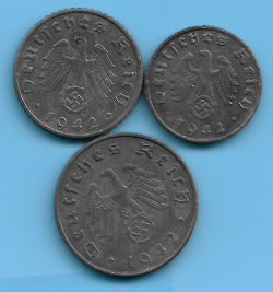 GERMANY THIRD REICH 1942 10, 5, 1 RPF SWASTIKA EAGLE COIN SET LOT WW2 ERA #40