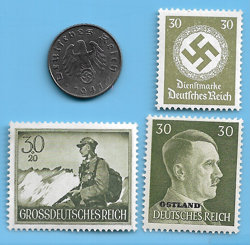 GERMANY WW2 1941 A 5 RPF SWASTIKA COIN & HITLER SWASTIKA STAMP LOT WW2 ERA #40