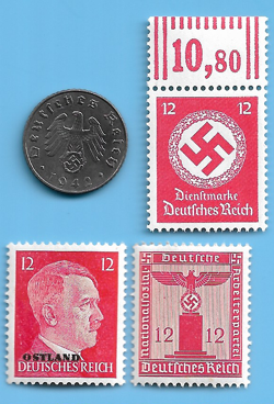 GERMANY WW2 1942 A 5 RPF SWASTIKA COIN & HITLER SWASTIKA STAMP LOT WW2 ERA #40