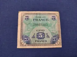 1944 FRANCE 5 FRANCS BANKNOTE WW2