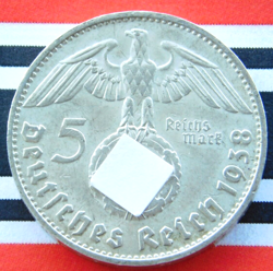 GERMAN 5 REICHSMARK 1938 D SWASTIKA HINDENBURG SILVER COIN 3RD WW2 MARK   UNC
