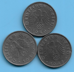 GERMANY THIRD REICH 1940 1941 1942 10 RPF SWASTIKA EAGLE COIN LOT WW2 ERA #48
