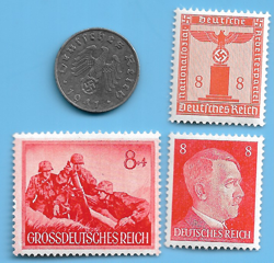 GERMANY WW2 1941 E 5 RPF SWASTIKA COIN & HITLER SWASTIKA STAMP LOT WW2 ERA #48