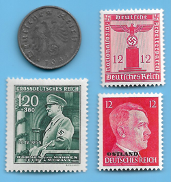 GERMANY WW2 1941 D 10 RPF SWASTIKA COIN & HITLER SWASTIKA STAMP LOT WW2 ERA #48