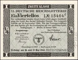 11. GERMANY 1/4 LOTTERY TICKET REICHSLOTTERIE 1944 - WW2 - SERIES: 15464C - #D10